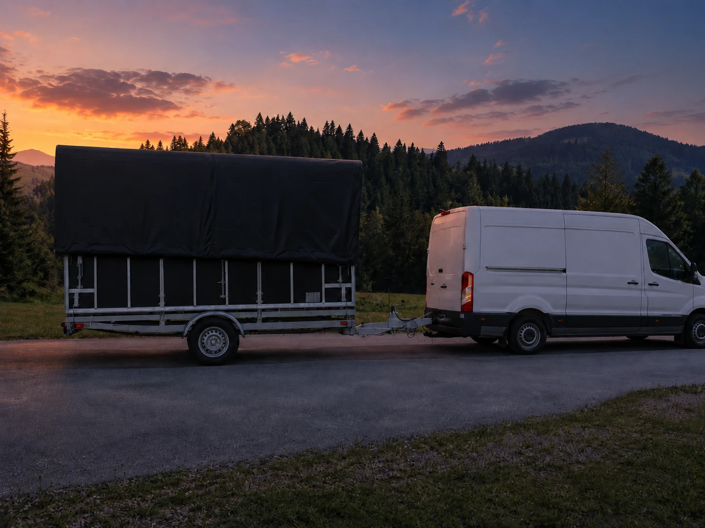 Mobile Bühne auf Anhänger am Transporter bei Abendstimmung