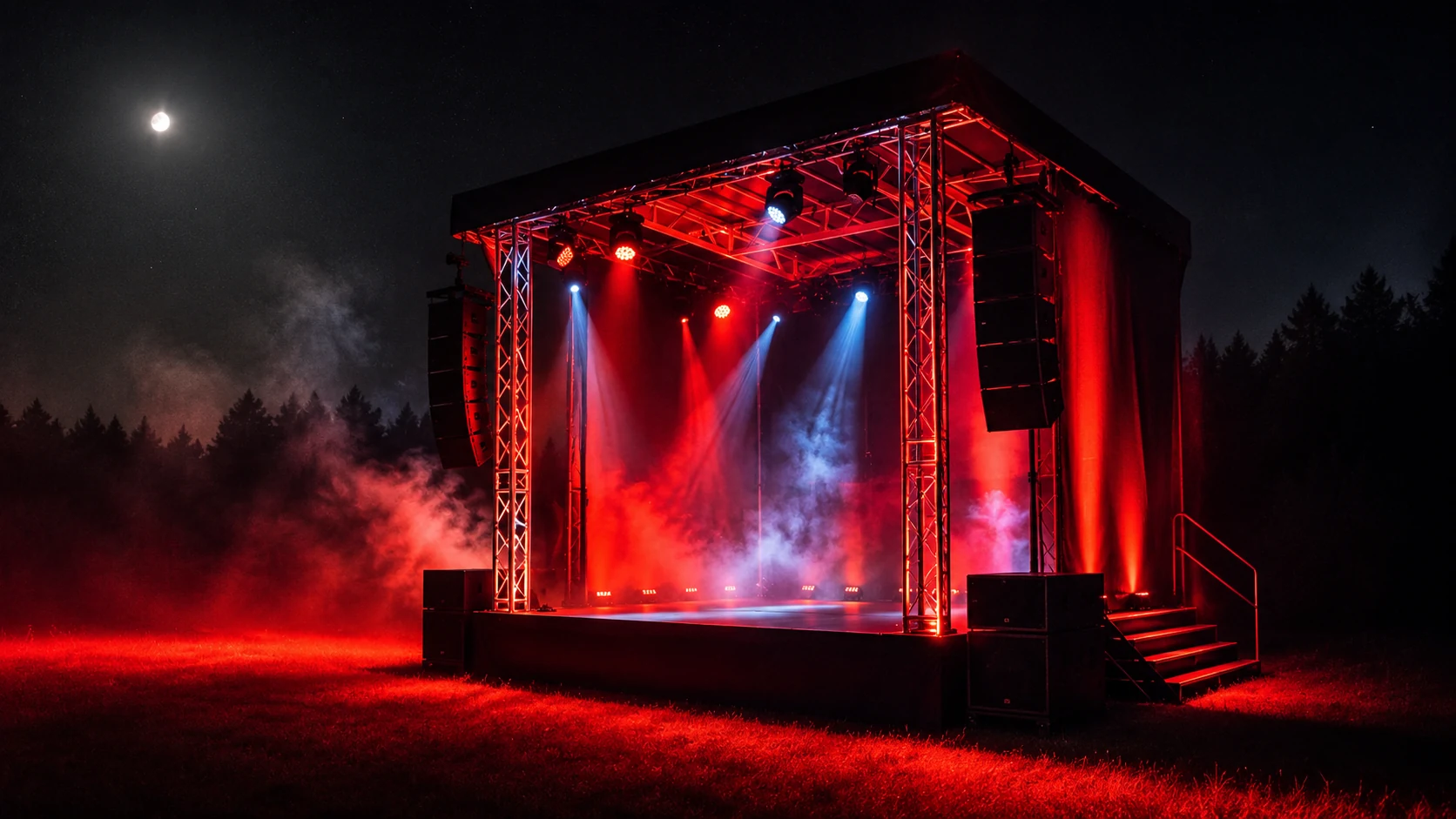 Mobile Bühne mit roter Lichtstimmung bei Nacht