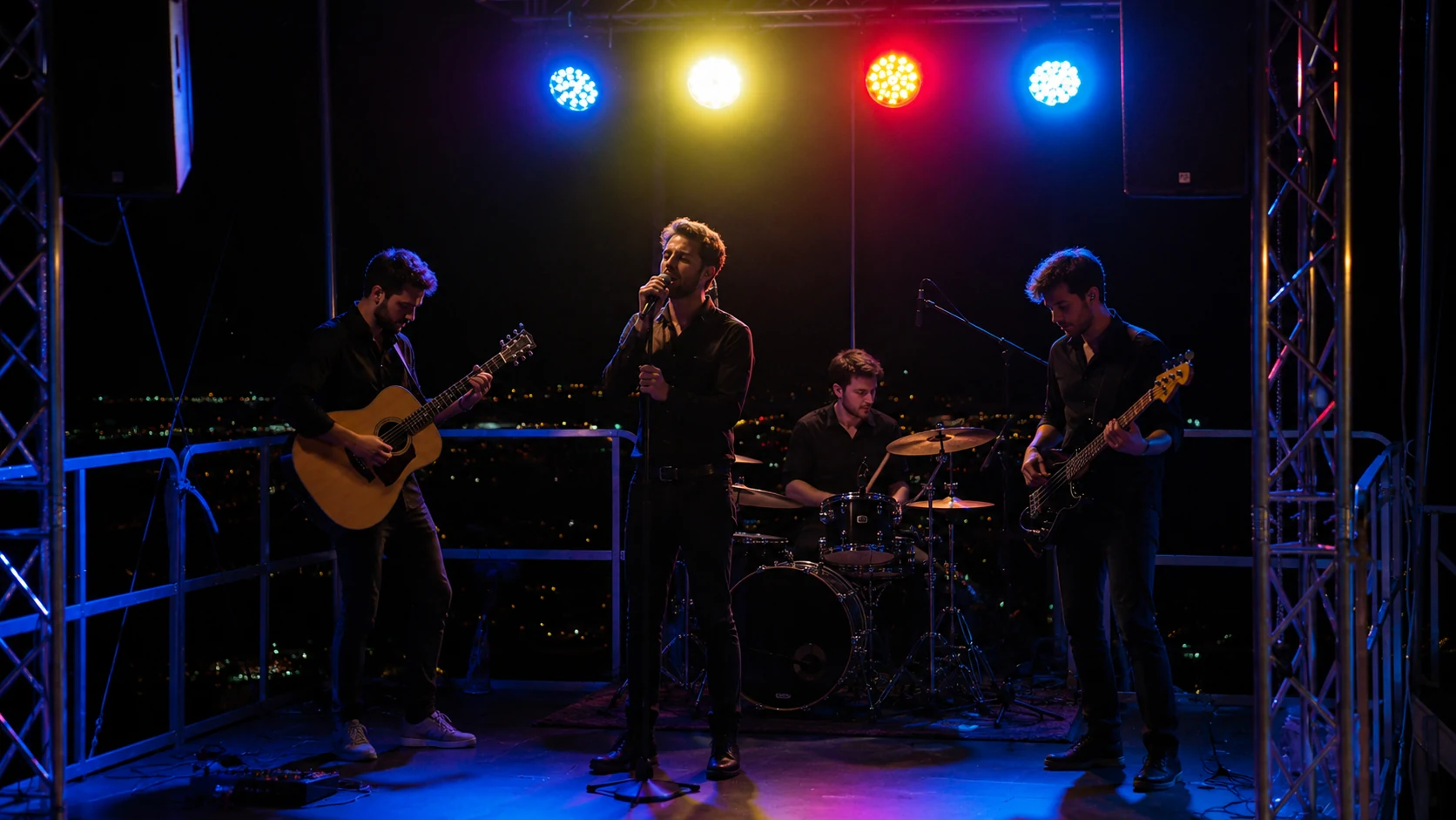 Band auf der mobilen Bühne bei Nacht